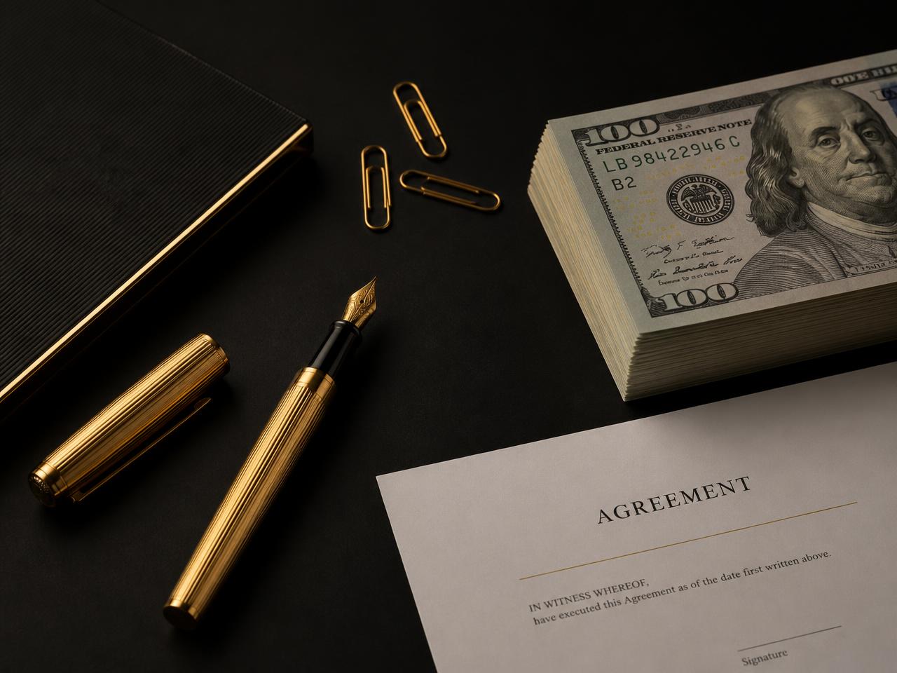 Gold pen, cash, and an agreement on a black desk