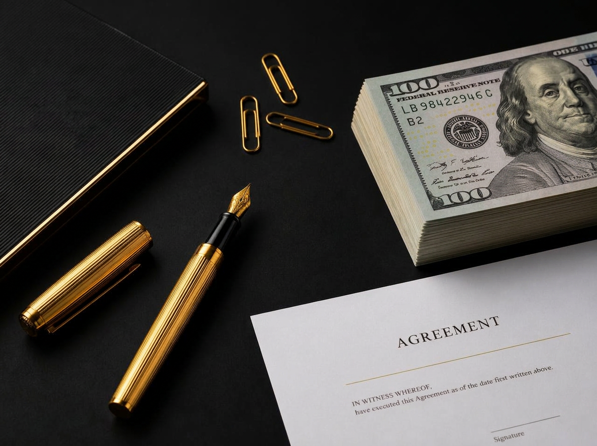 Gold pen, cash, and an agreement on a black desk